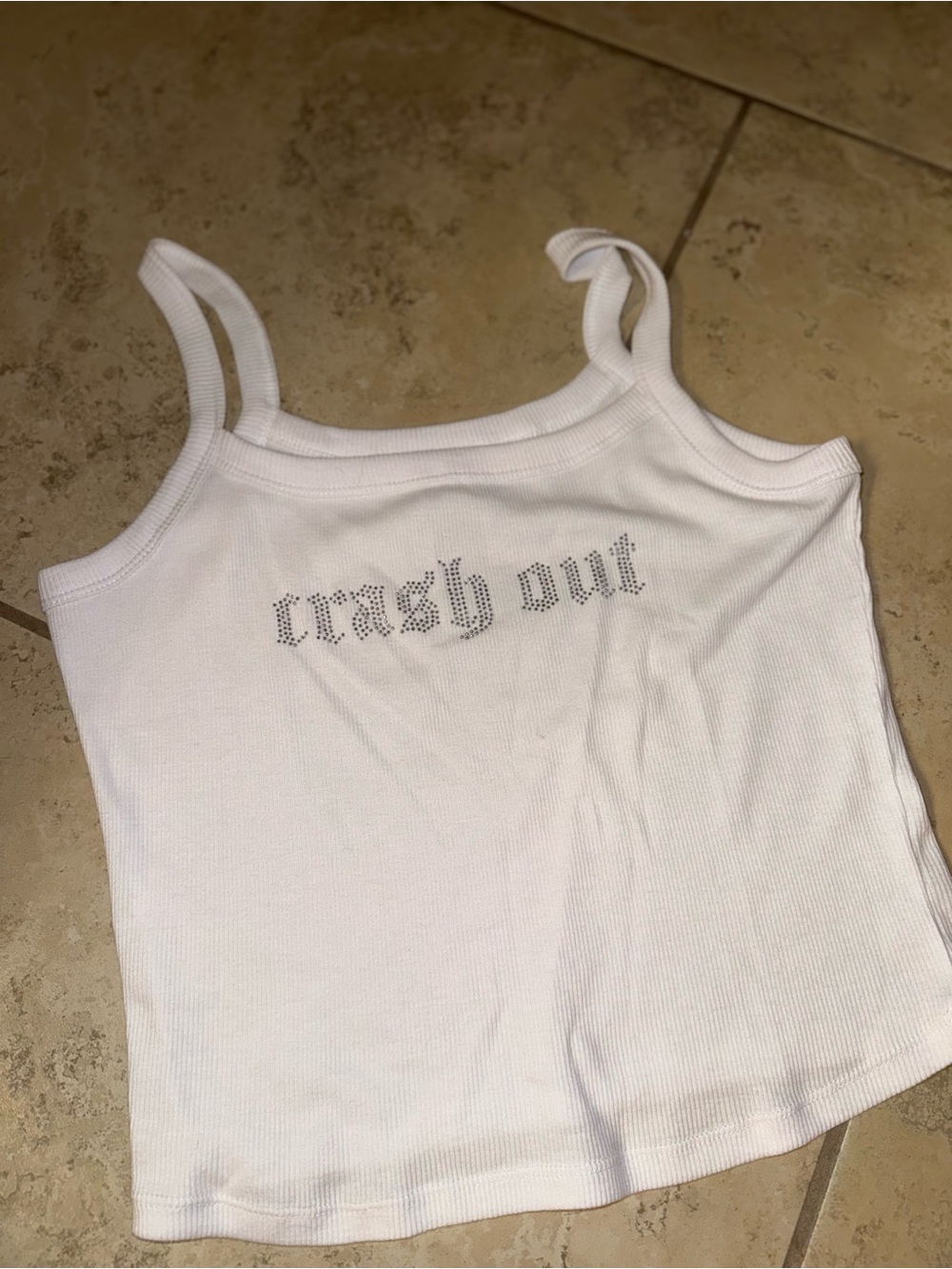 Urban Outfitters White Ribbed Tank with Rhinestone 'crash out' Script